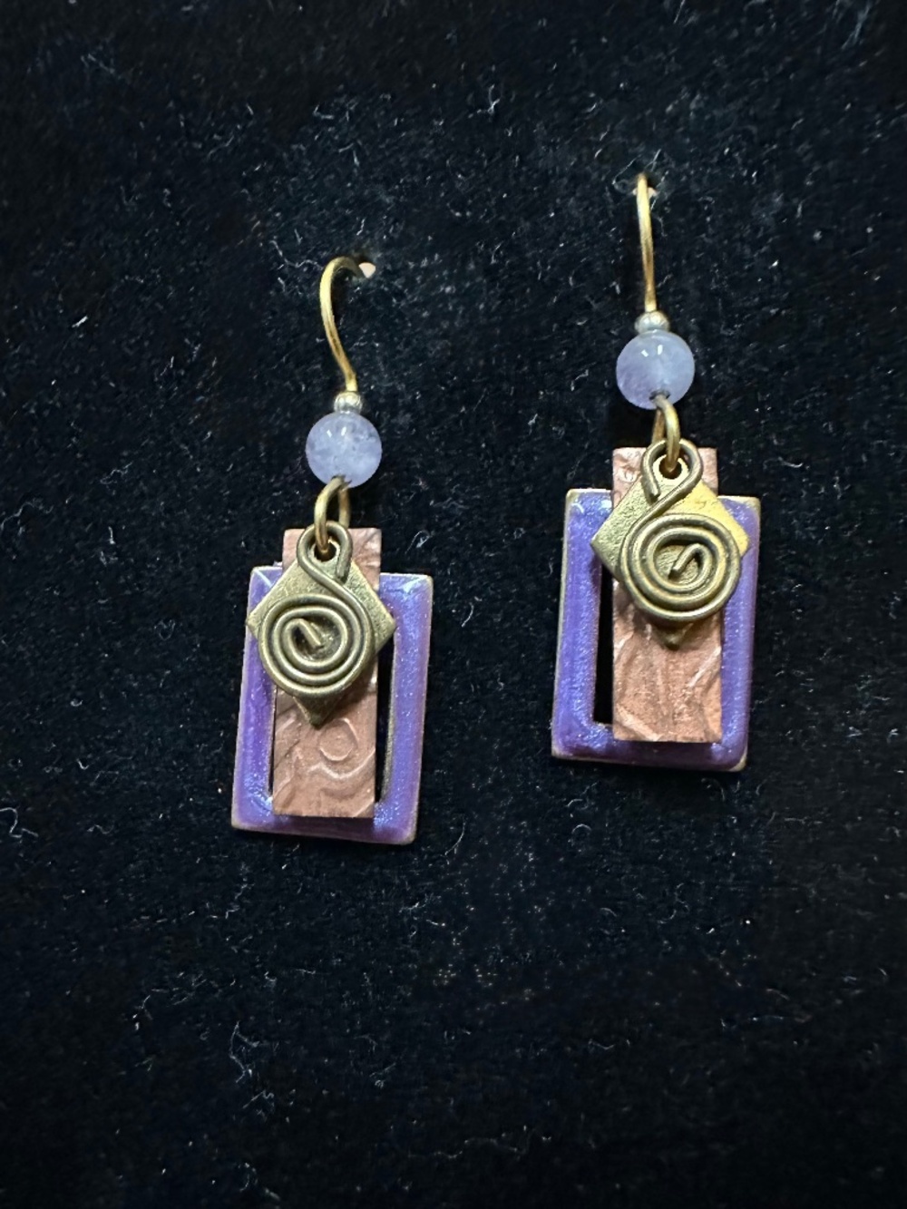 Boho Rectangular Swirl Purple Acrylic/Brass/Copper/Bead Earrings